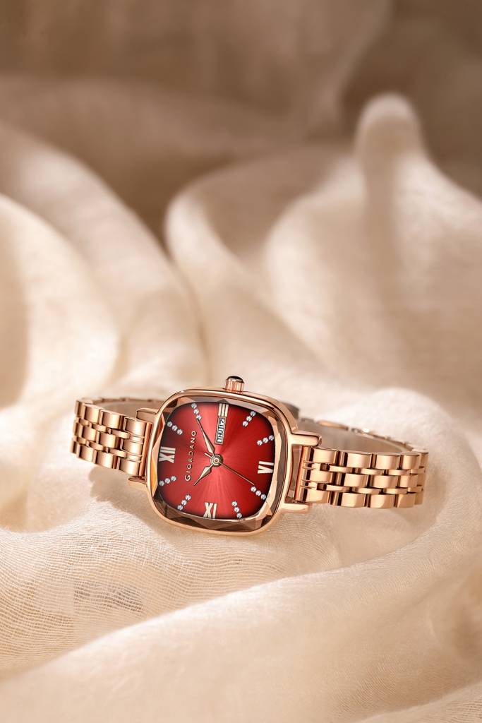 Giordano Elegant Square Rose Gold Watch For Women Â Crystal & Roman Hour Markers, Day-Date Display, Stainless  : GZ-60097-44