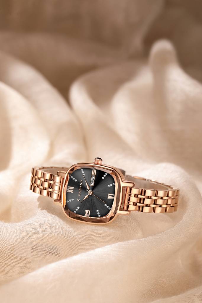 Giordano Elegant Square Rose Gold Watch For Women Â Crystal & Roman Hour Markers, Day-Date Display, Stainless  : GZ-60097-66