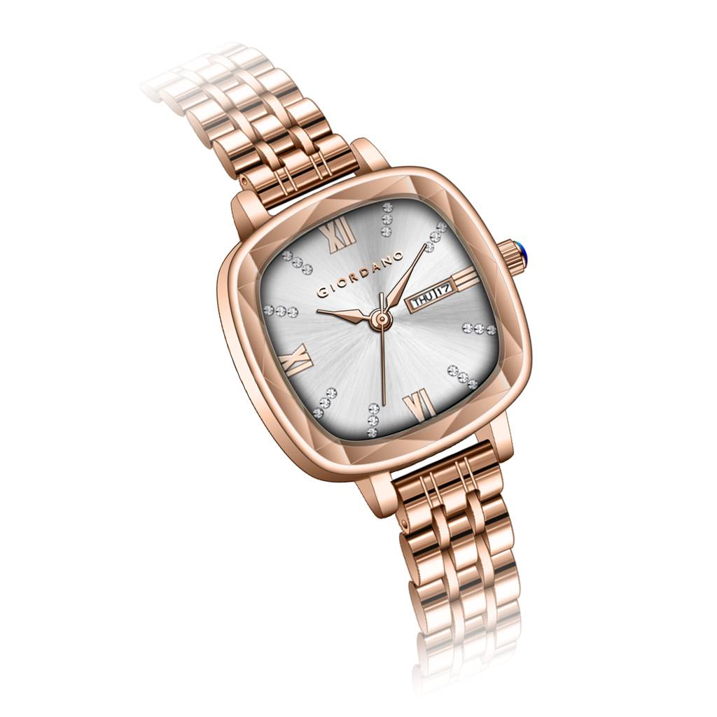 Giordano Elegant Square Rose Gold Watch For Women Â Crystal & Roman Hour Markers, Day-Date Display, Stainless  : GZ-60097-55