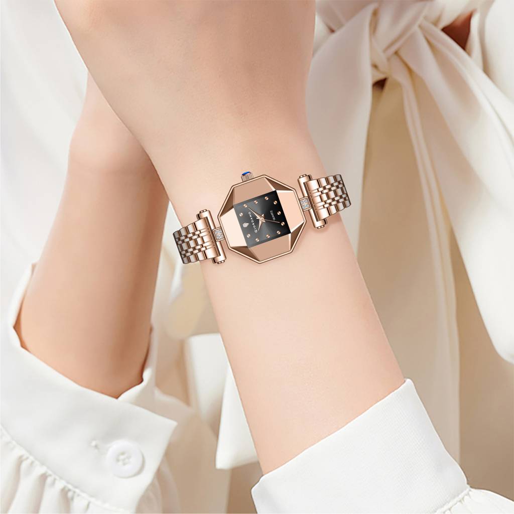 Giordano Dress Watch For Women Â Rose Gold Finish, Diamond Accented Octagonal Dial & Stainless Steel Strap-Gz- : GZ-60096-11