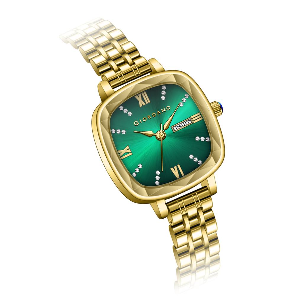 Giordano Elegant Square Rose Gold Watch For Women Â Crystal & Roman Hour Markers, Day-Date Display, Stainless  : GZ-60097-88