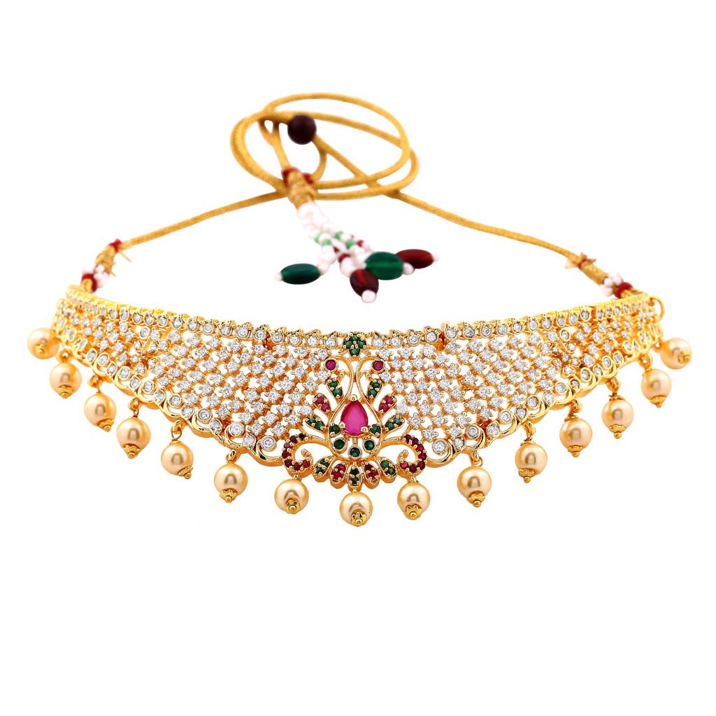Estele Gold Plated Cz Fascinating Bridal Necklace Set With Colored Stones & Pearls : AD-544A-IGNKER