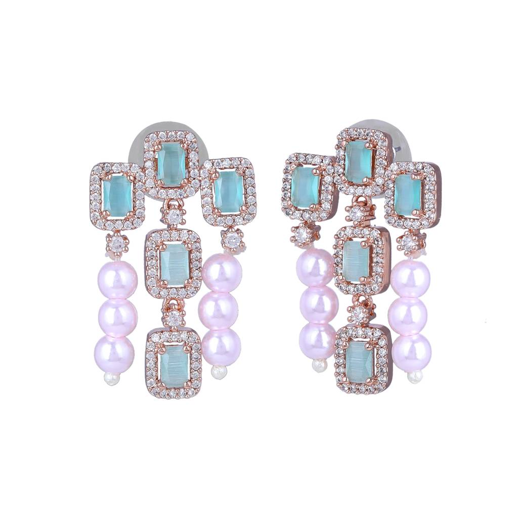 Estele Rose Gold Plated Cz Shimmering Earrings With Mint Green Stones & Pearls For Women : AD-773-RGMGERER