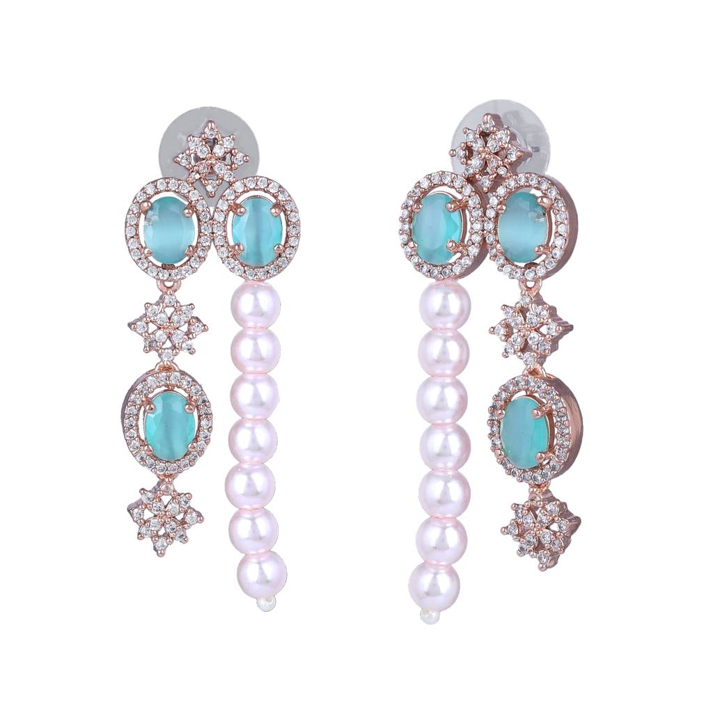 Estele Rose Gold Plated Cz Magnificent Earrings With Mint Green Stones & Pearls For Women : AD-770-RGMGERER