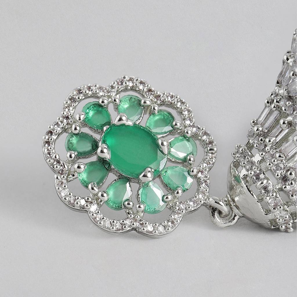 Estele Rhodium Plated Cz Flower Designer Jhumki Earrings With Green Stones For Women : AD-114711-IRGNER