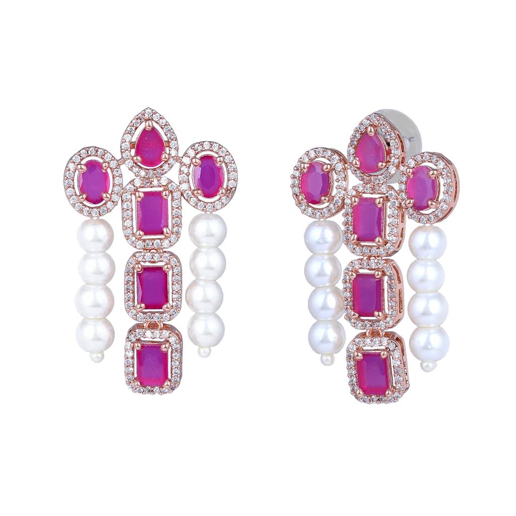 Estele Rose Gold Plated Cz Astonishing Drop Earrings With Ruby Stones & Pearls For Women : AD-772-RGRBERER