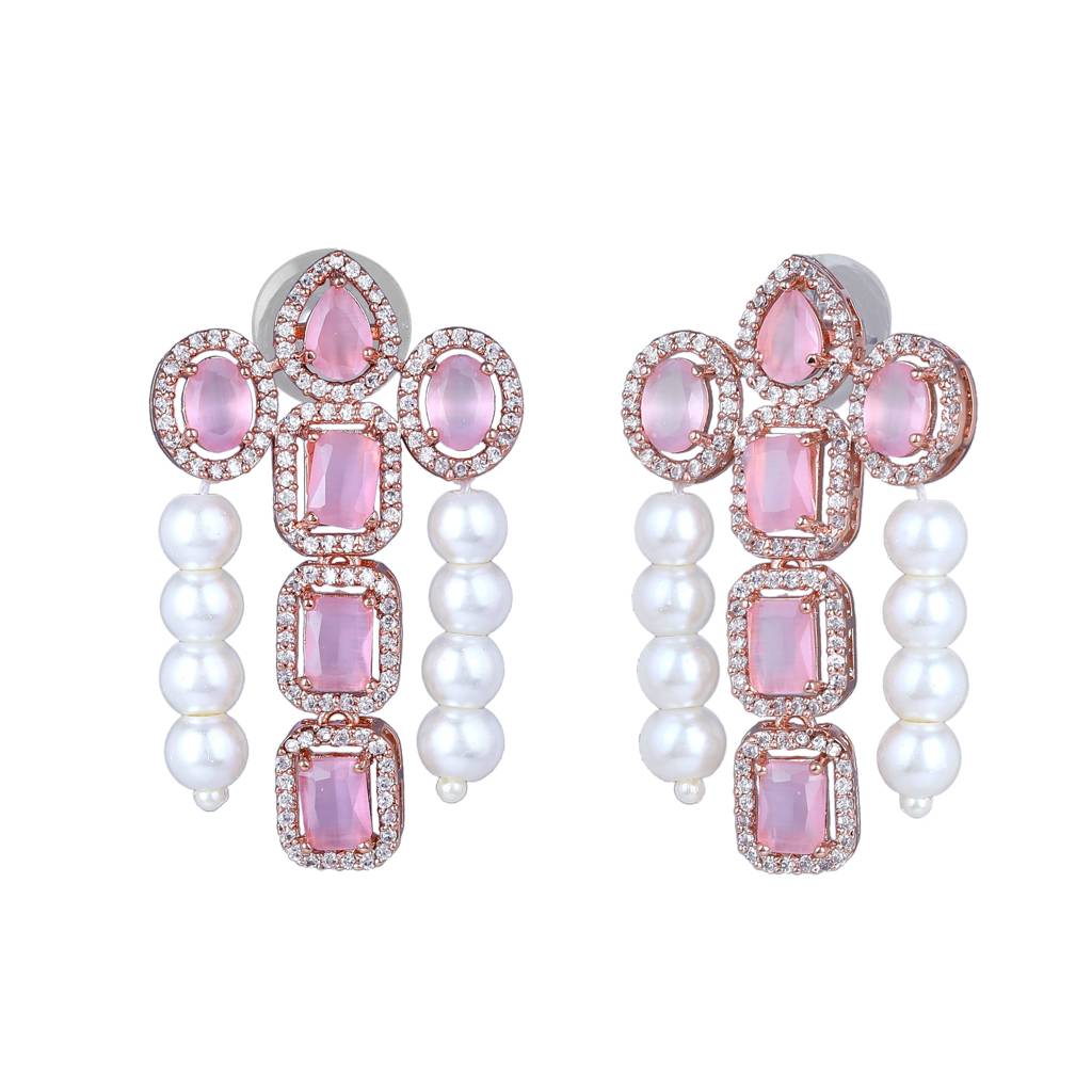 Estele Rose Gold Plated Cz Astonishing Drop Earrings With Mint Pink Stones & Pearls For Women : AD-772-RGMPERER