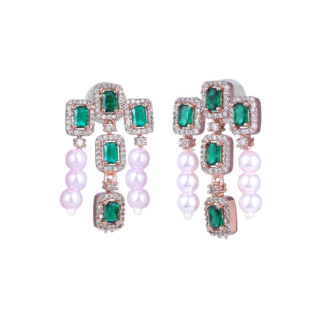 Estele Rose Gold Plated Cz Shimmering Earrings With Green Stones & Pearls For Women : AD-773-RGGNERER