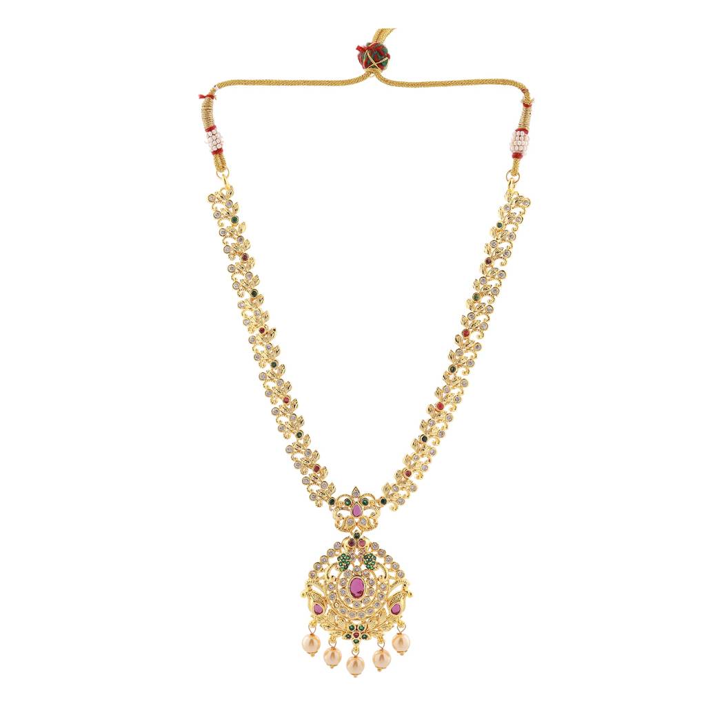 Estele Gold Plated Cz Ethnic Style Bridal Long Necklace Set With Pearls & Colored Stones For Women : AD-568-IGNKER