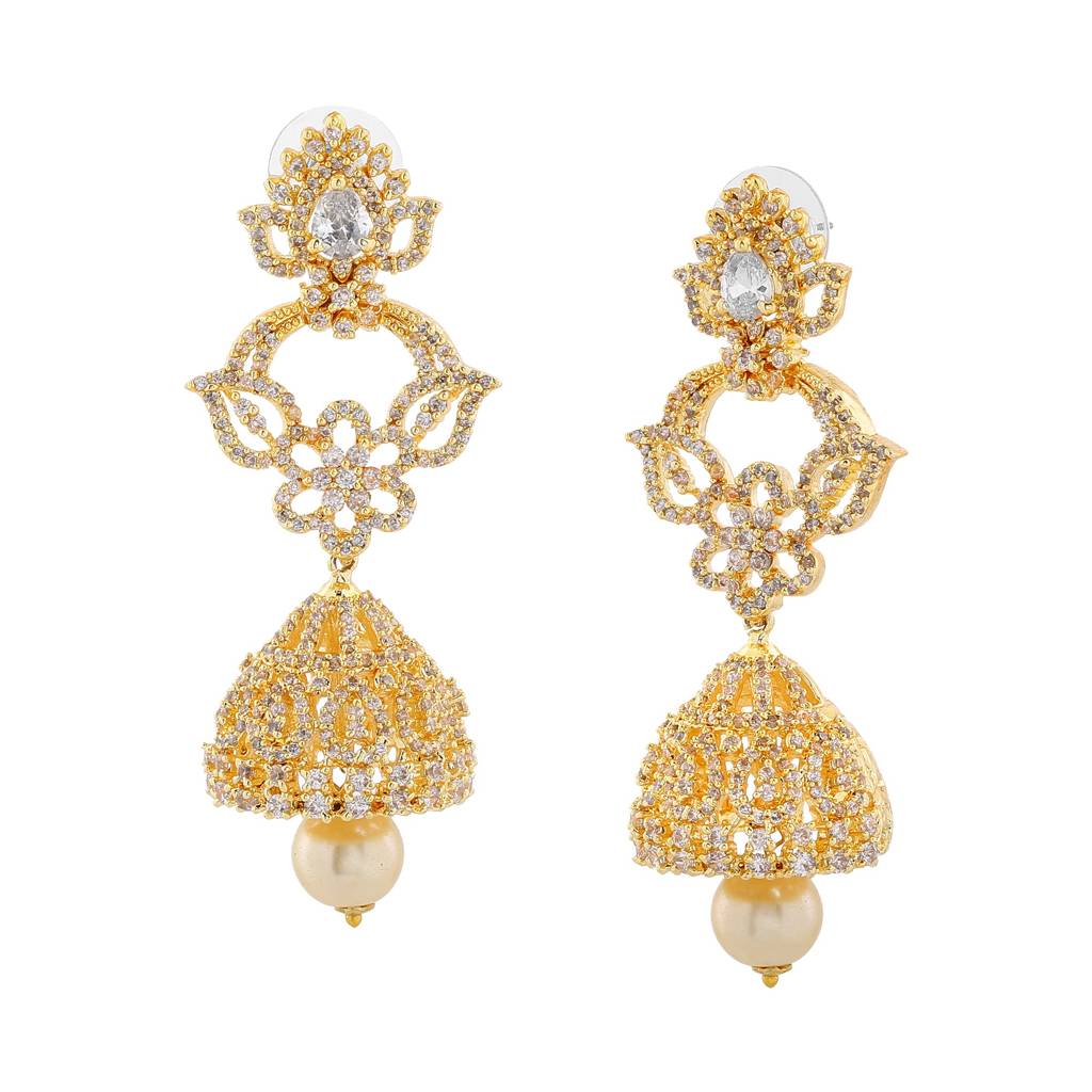 Estele Gold Plated Cz Fascinating Designer Earrings With Pearl For Women : AD-113703-IGER