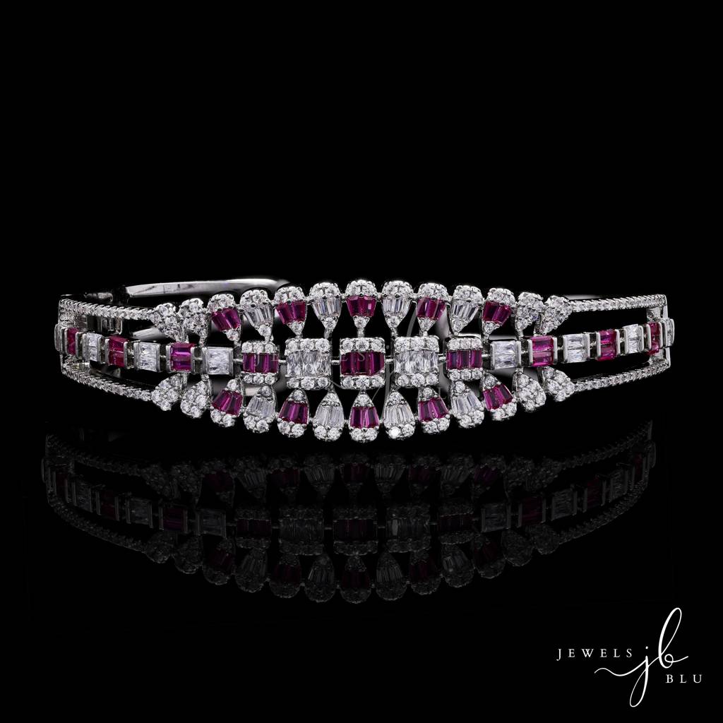 Premium American Diamond Baguette Pressure Setting Bridal Sia Openable Kada Bracelet With Ruby Detailing : 4000381