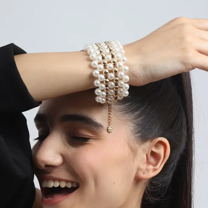 Tfc Pearl Mesh With Double Bold Bead Gold Plated Bracelet : 40052