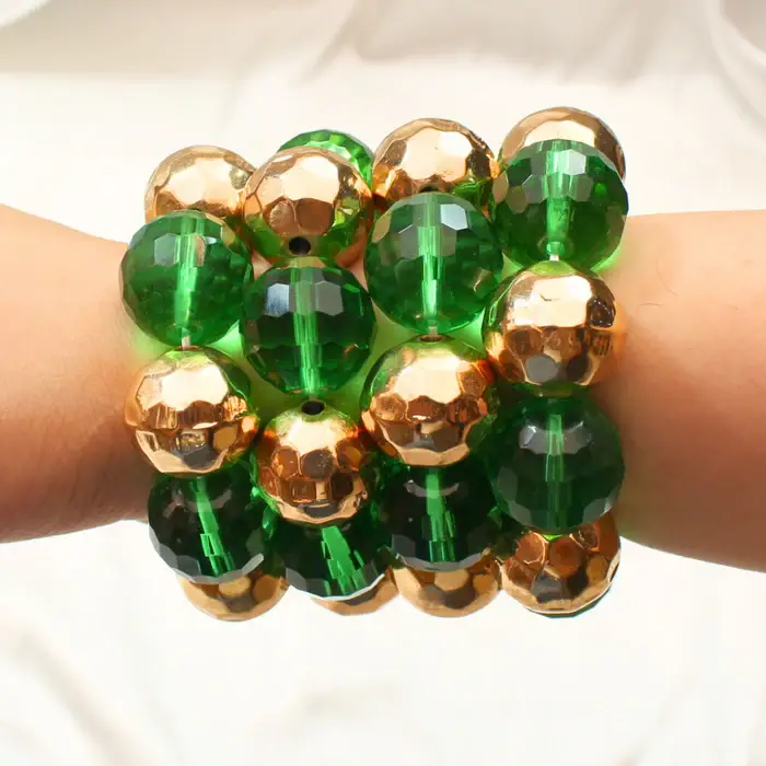 Tfc Bold And Green Crystal Beads Gold Plated Stacked Bracelet (Set Of 4) : 40111