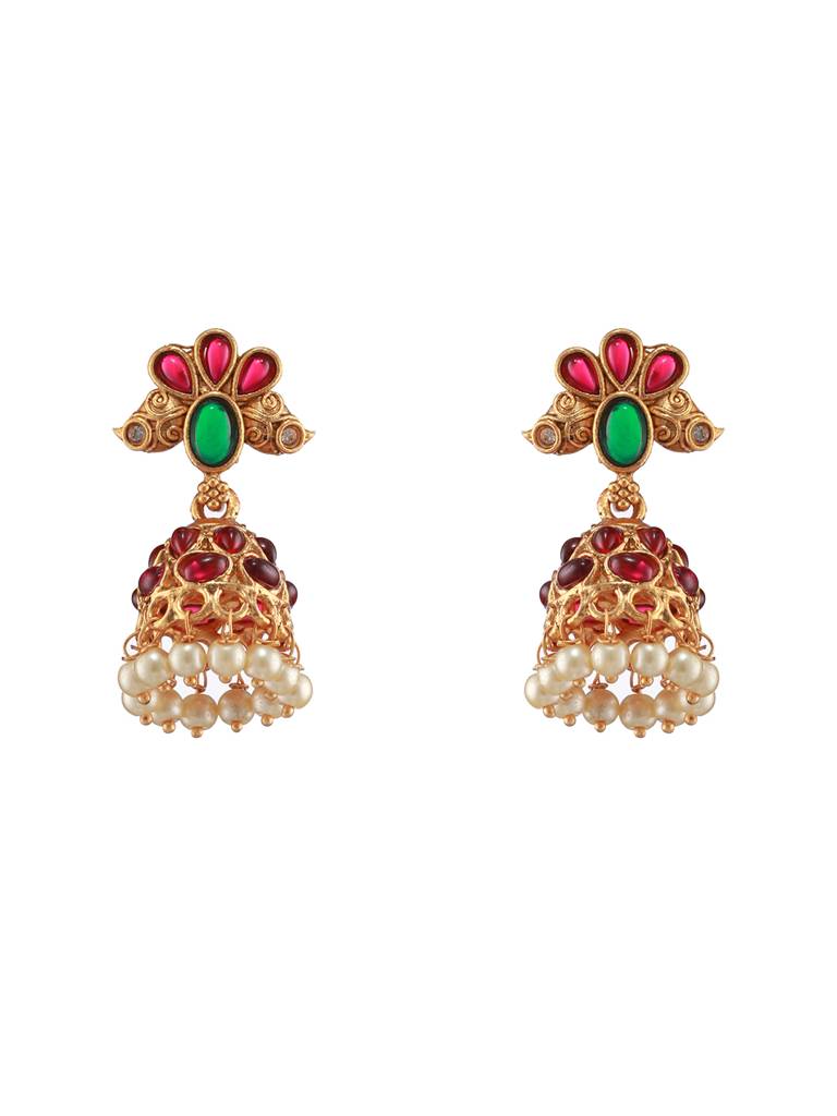 Set Of 2 Green & Red Stone Studded &Beaded Gold-Plated Temple Choker Jewellery Set : 40157