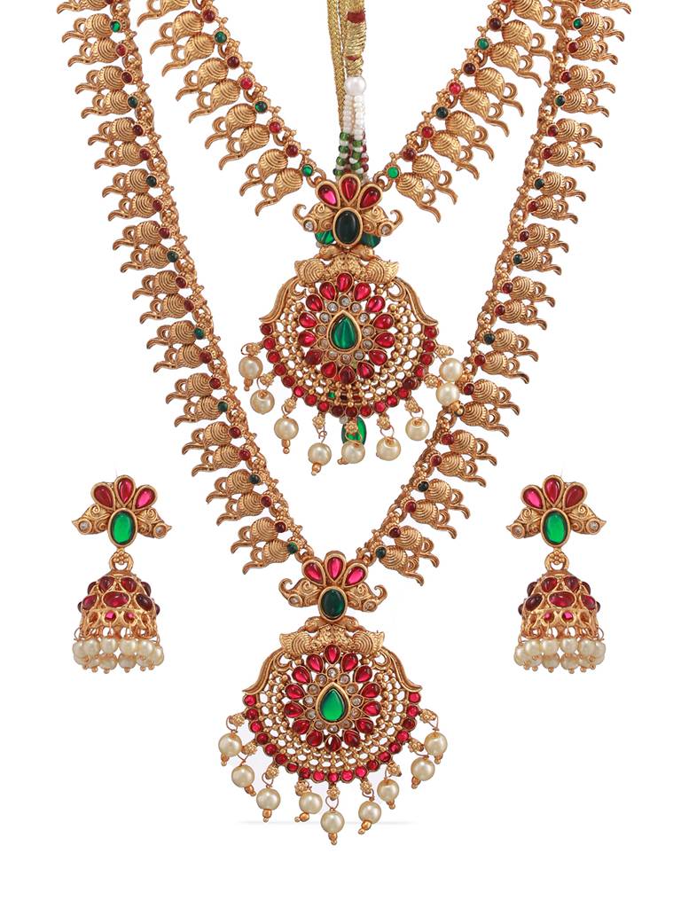 Set Of 2 Green & Red Stone Studded &Beaded Gold-Plated Temple Choker Jewellery Set : 40157