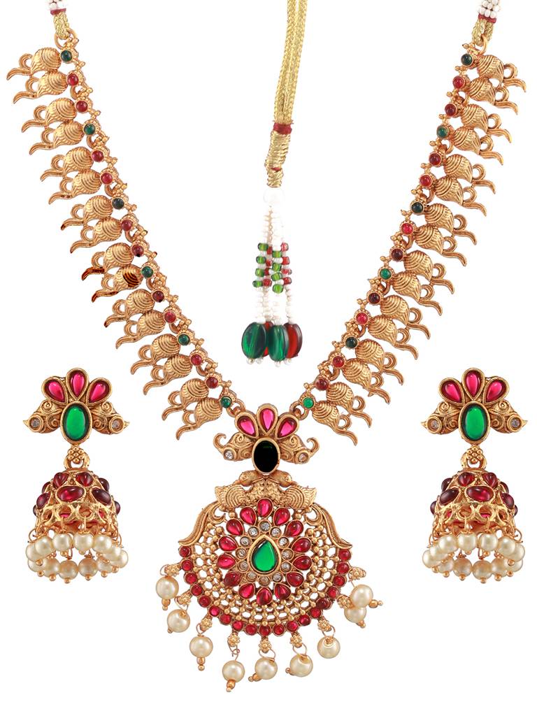 Set Of 2 Green & Red Stone Studded &Beaded Gold-Plated Temple Choker Jewellery Set : 40157