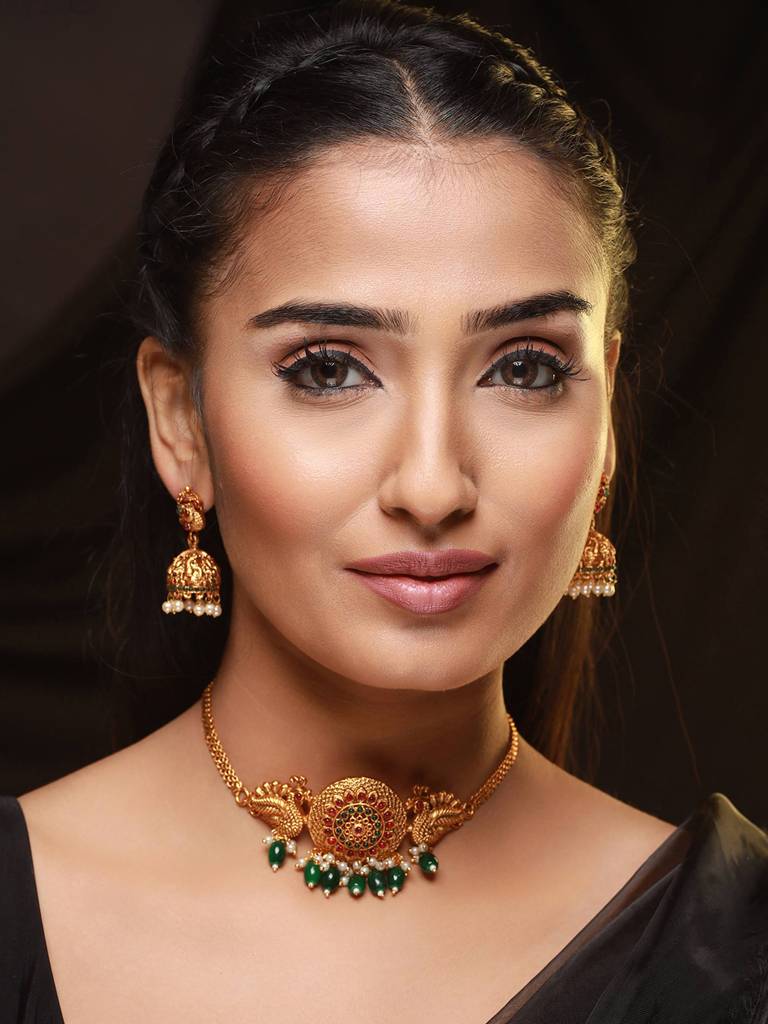 Gold-Plated Pink & Green Stone-Studded & Beaded Handcrafted,Peacock Motif Temple Choker Set : 40161