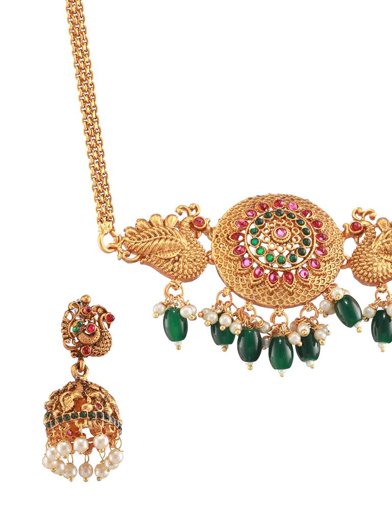 Gold-Plated Pink & Green Stone-Studded & Beaded Handcrafted,Peacock Motif Temple Choker Set : 40161