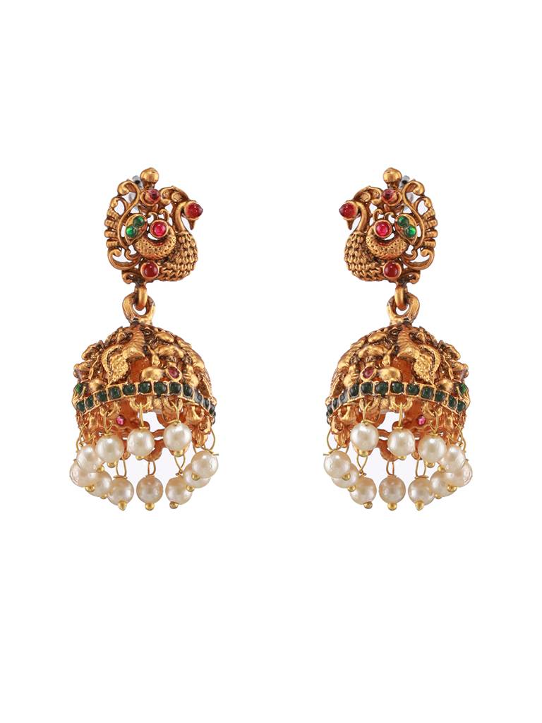 Gold-Plated Pink & Green Stone-Studded & Beaded Handcrafted,Peacock Motif Temple Choker Set : 40161