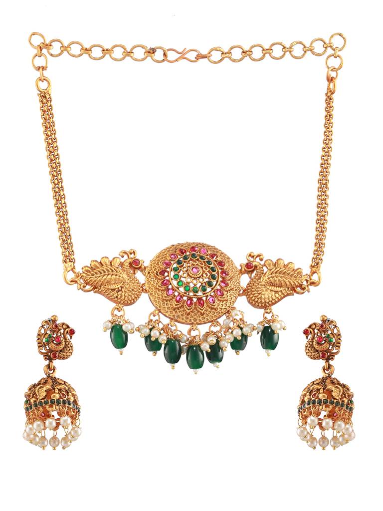 Gold-Plated Pink & Green Stone-Studded & Beaded Handcrafted,Peacock Motif Temple Choker Set : 40161