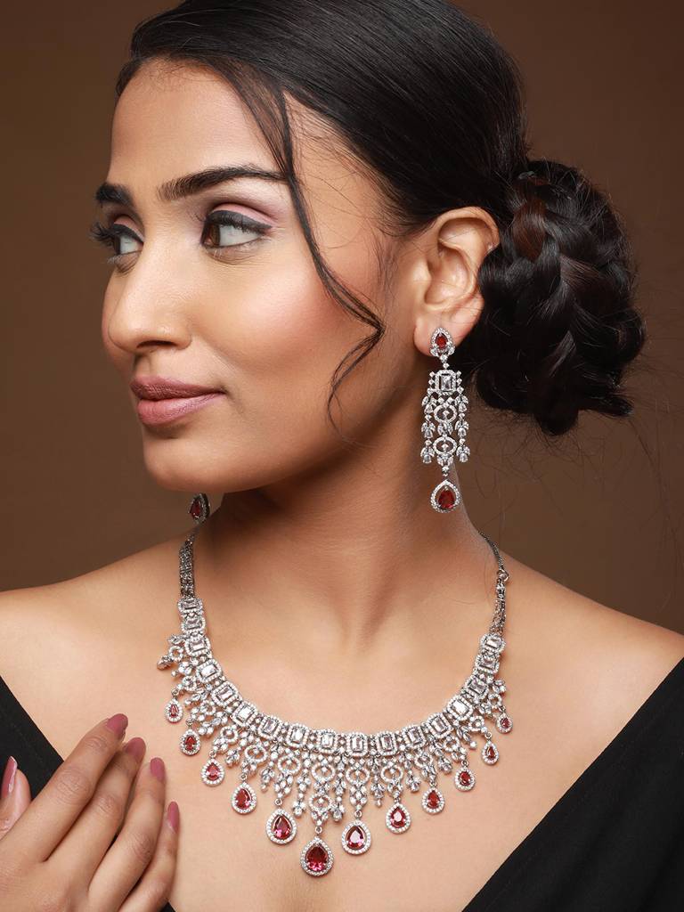 Rhodiium-Plated Red American Diamond & White Stone Studded Jewellery Set : 40219