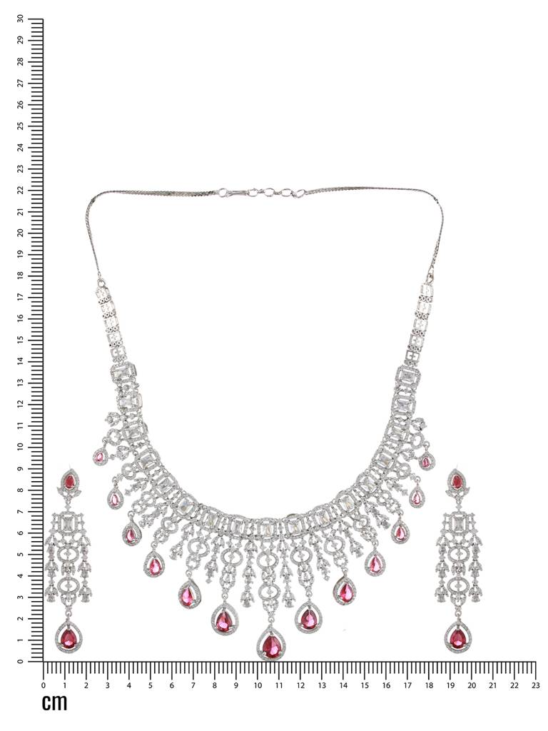 Rhodiium-Plated Red American Diamond & White Stone Studded Jewellery Set : 40219