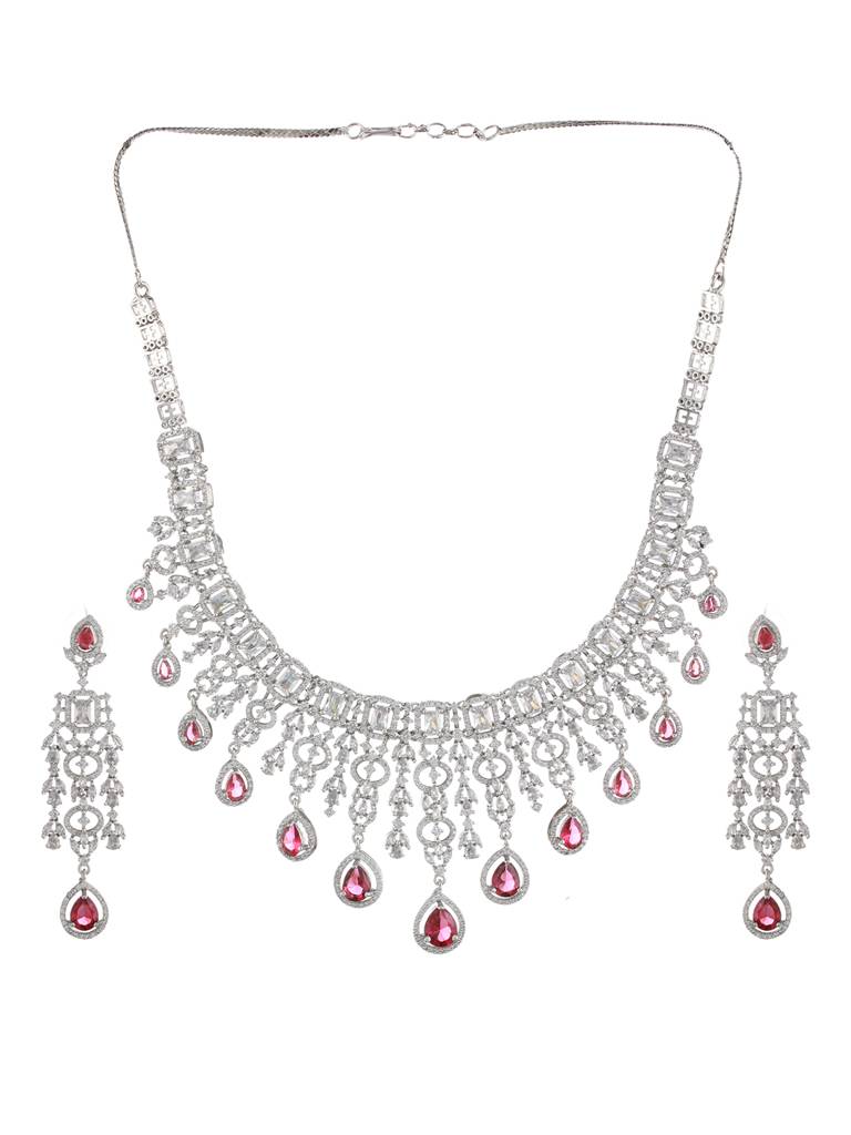 Rhodiium-Plated Red American Diamond & White Stone Studded Jewellery Set : 40219