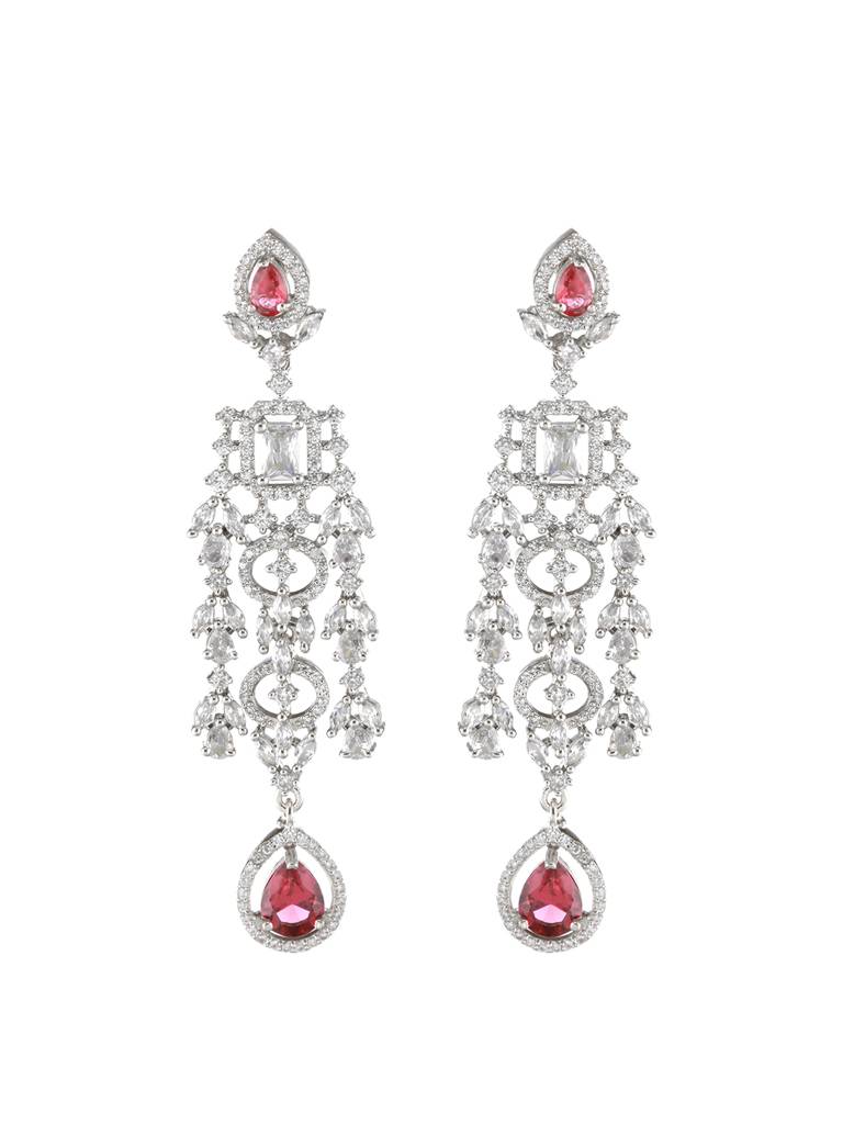 Rhodiium-Plated Red American Diamond & White Stone Studded Jewellery Set : 40219