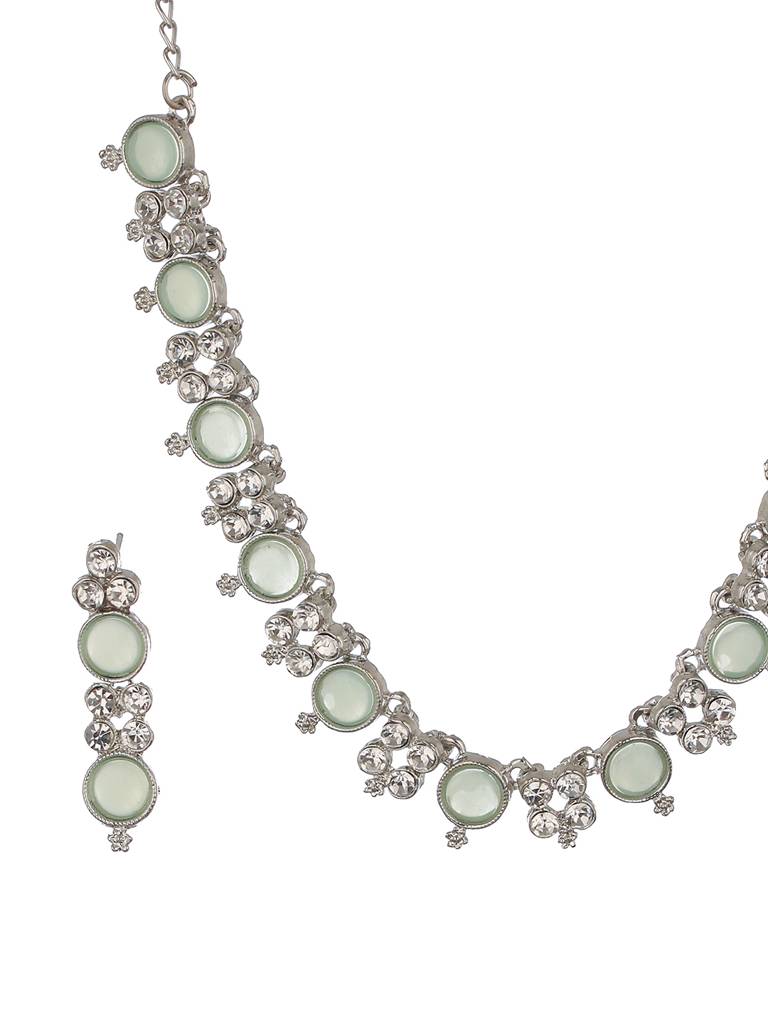 Rhodium-Plated Green Ad-Studded Jewellery Set : 40264