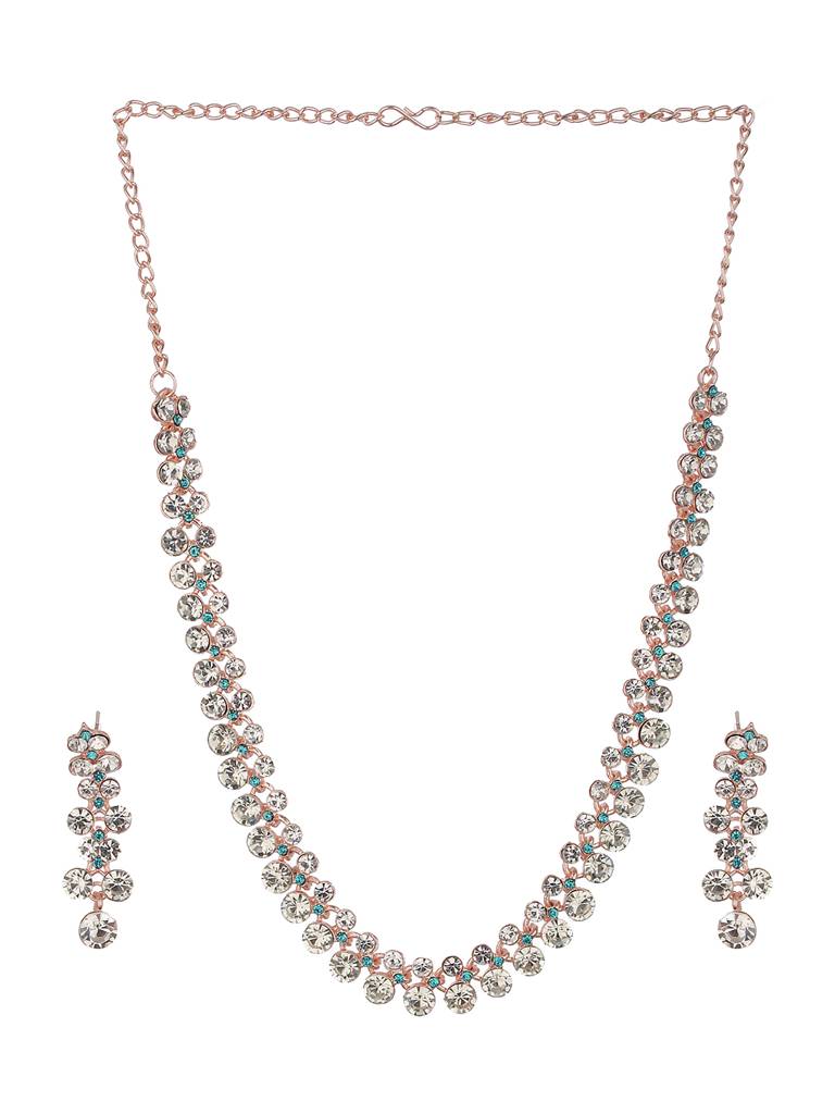 Rhodium-Plated Blue & White Crystal-Studded Fascinating Designer Jewellery Set : 40265