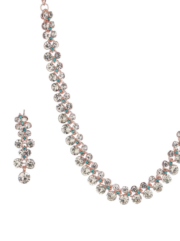 Rhodium-Plated Blue & White Crystal-Studded Fascinating Designer Jewellery Set : 40265