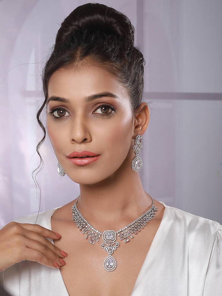 Rhodium-Plated White American Diamonds-Studded Handcrafted Jewellery Set : 40354