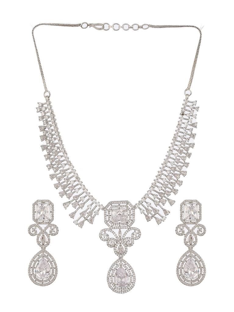 Rhodium-Plated White American Diamonds-Studded Handcrafted Jewellery Set : 40354