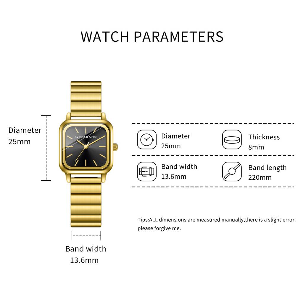 Giordano Classic Square Watch For Women Â Polished Stainless Steel Strap, Minimalist Compact Design-Gz-60098 : GZ-60098-22