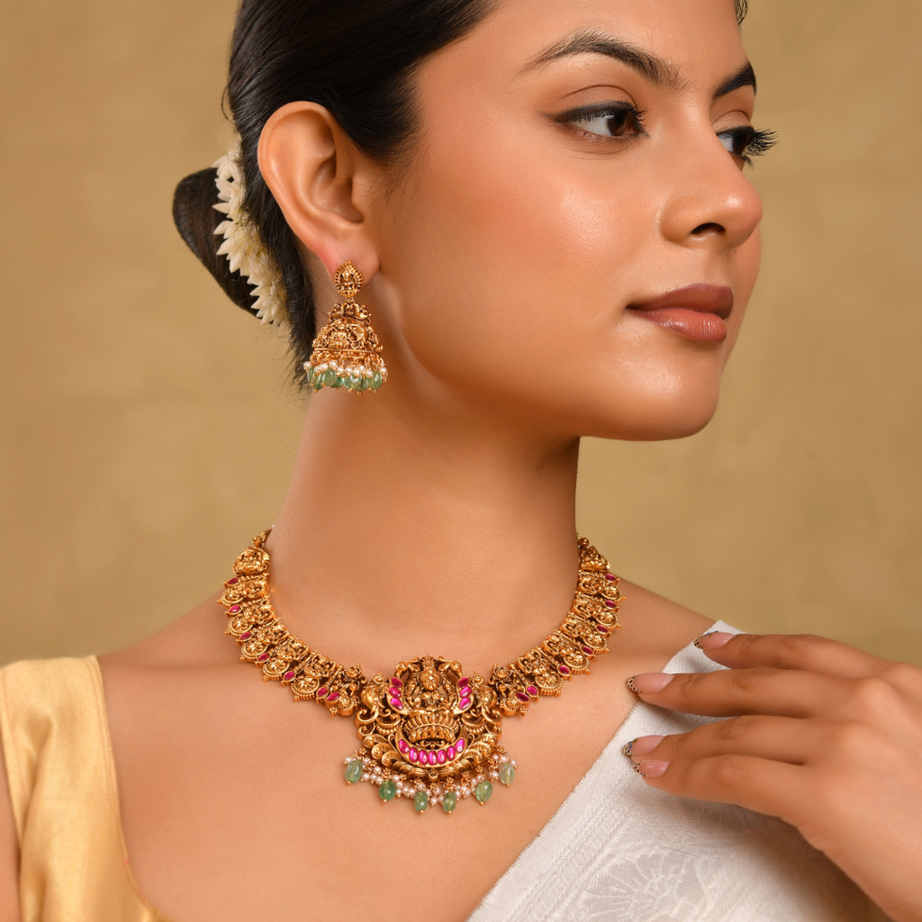 Anuradha Short Necklace Set  – 1 Gram Gold Plated Temple Jewellery : J-138