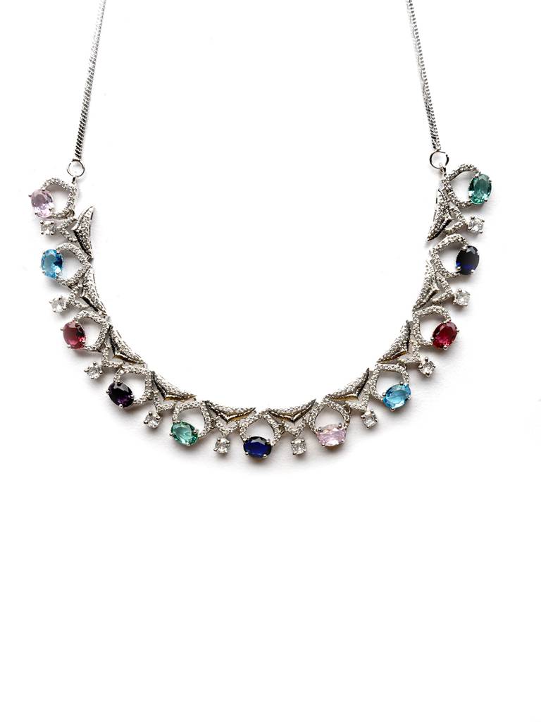 Silver-Plated Sleek Cut Work Cz Ad Necklace : AD126MULTI