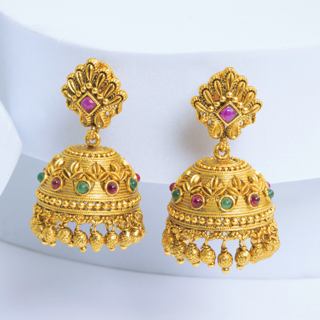 Traditional South Indian Bridal Temple Jhumka Earrings With Antique Gold Finish : R-1157
