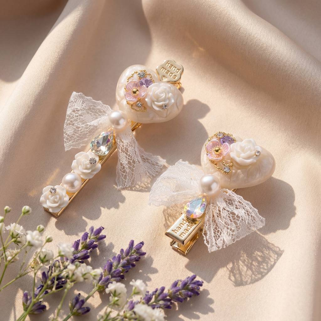 Korean Ethereal Pearl & Lace Blossom Clip Duo : YUFSHR216