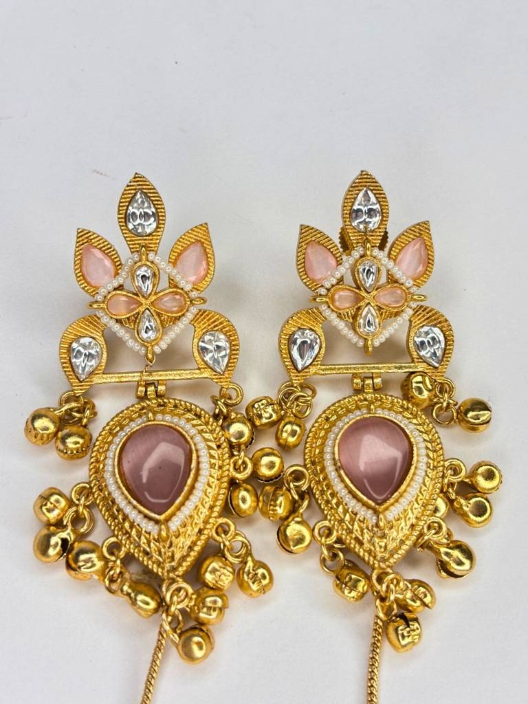 Gold-Plated Premium Kundan Red Stone-Studded Kan Chain Earrings : VI26EROX100370