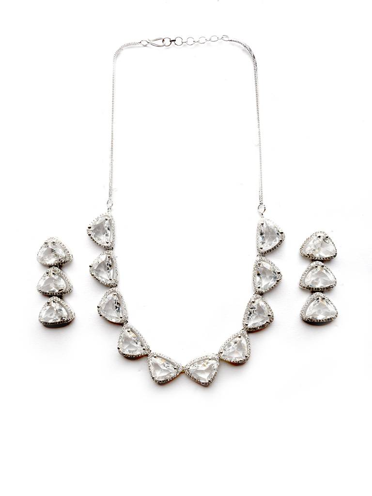 Silver Plated Bold Triangle Necklace Set With Long Earrings : AD124WHITE