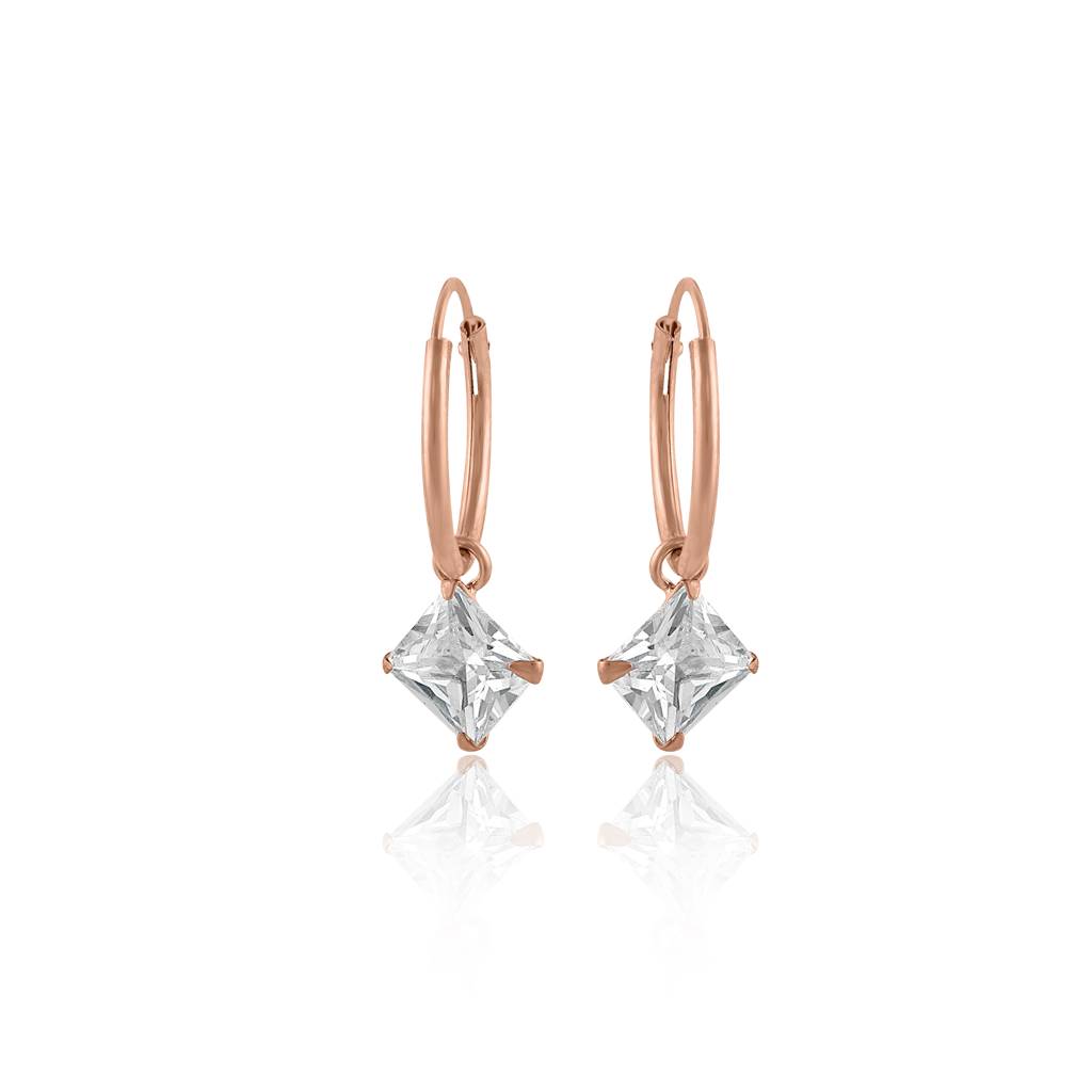 925 Sterling Silver Rose Gold Hoop Earrings With Princess-Cut Cubic Zirconia Drop : RJSPER55