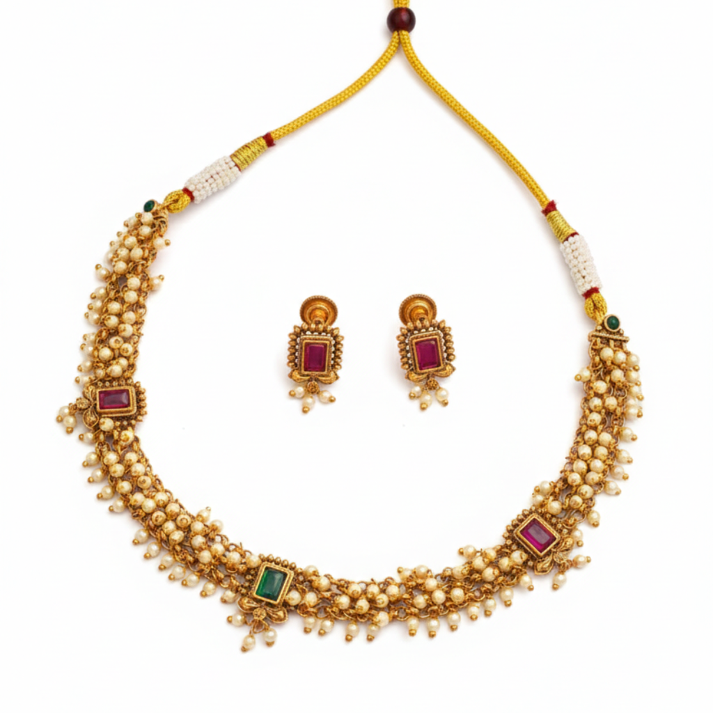 Mukta Pearl Choker Necklace Set – 1 Gram Gold Plated Temple Jewellery : K-1783