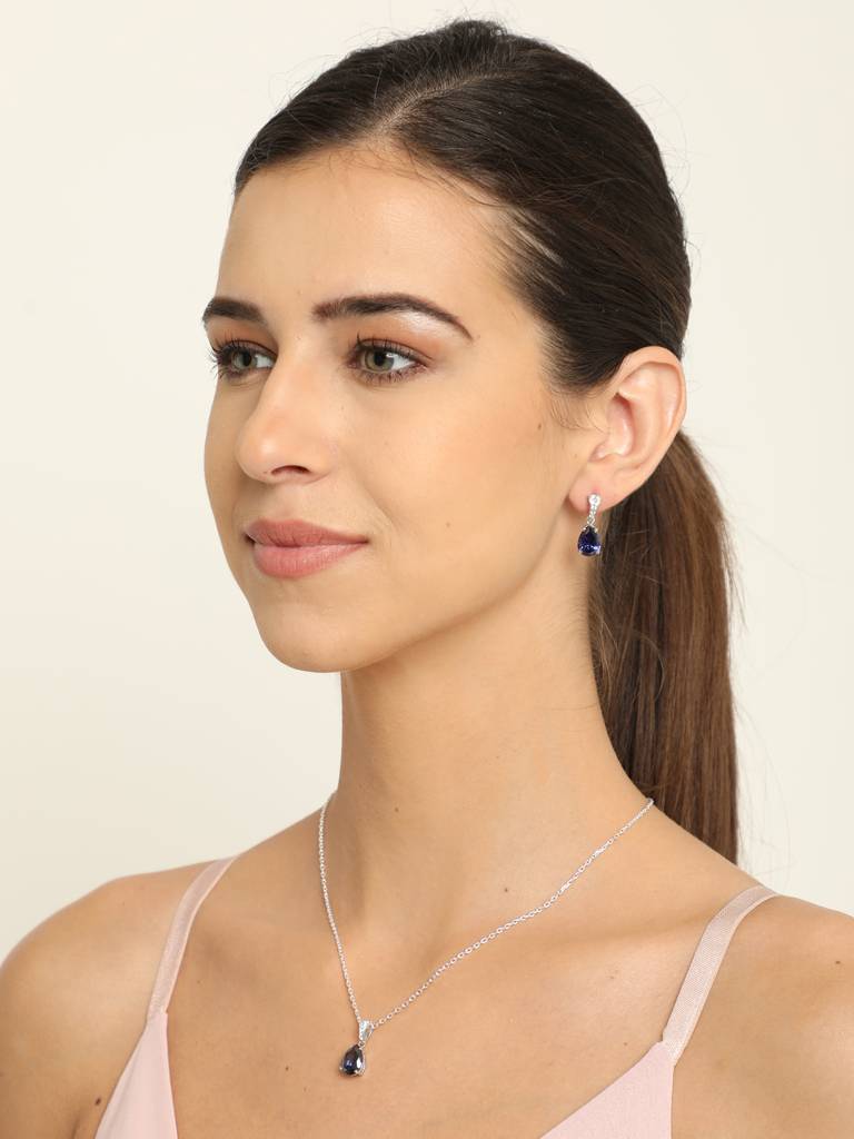 92.5 Sterling Silver Rhodium Plated Swiss Zirconia Royal Blue Tear Drop Pendant Earring Chain Jewellery Set G : CSCLRP4E4PR_BS