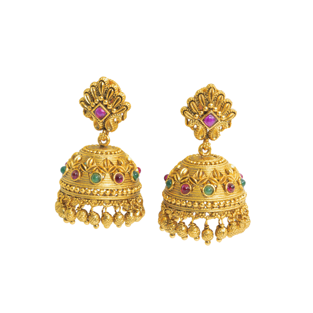 Traditional South Indian Bridal Temple Jhumka Earrings With Antique Gold Finish : R-1157