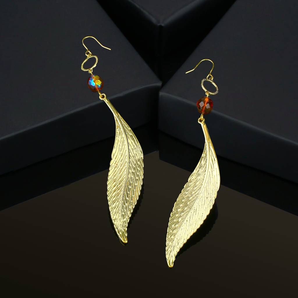 Estele Gold Plated Leaf Designer Dangle Earrings For Women : 429729ER