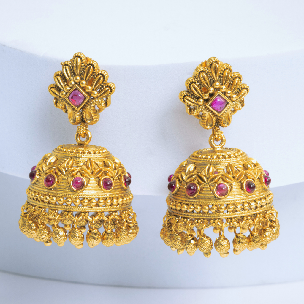 Traditional South Indian Bridal Temple Jhumka Earrings With Antique Gold Finish : R-1157