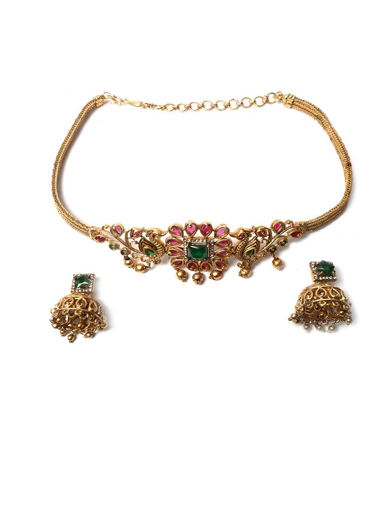 Ruby Green Kemp Peacock Choker Set : SATJS291