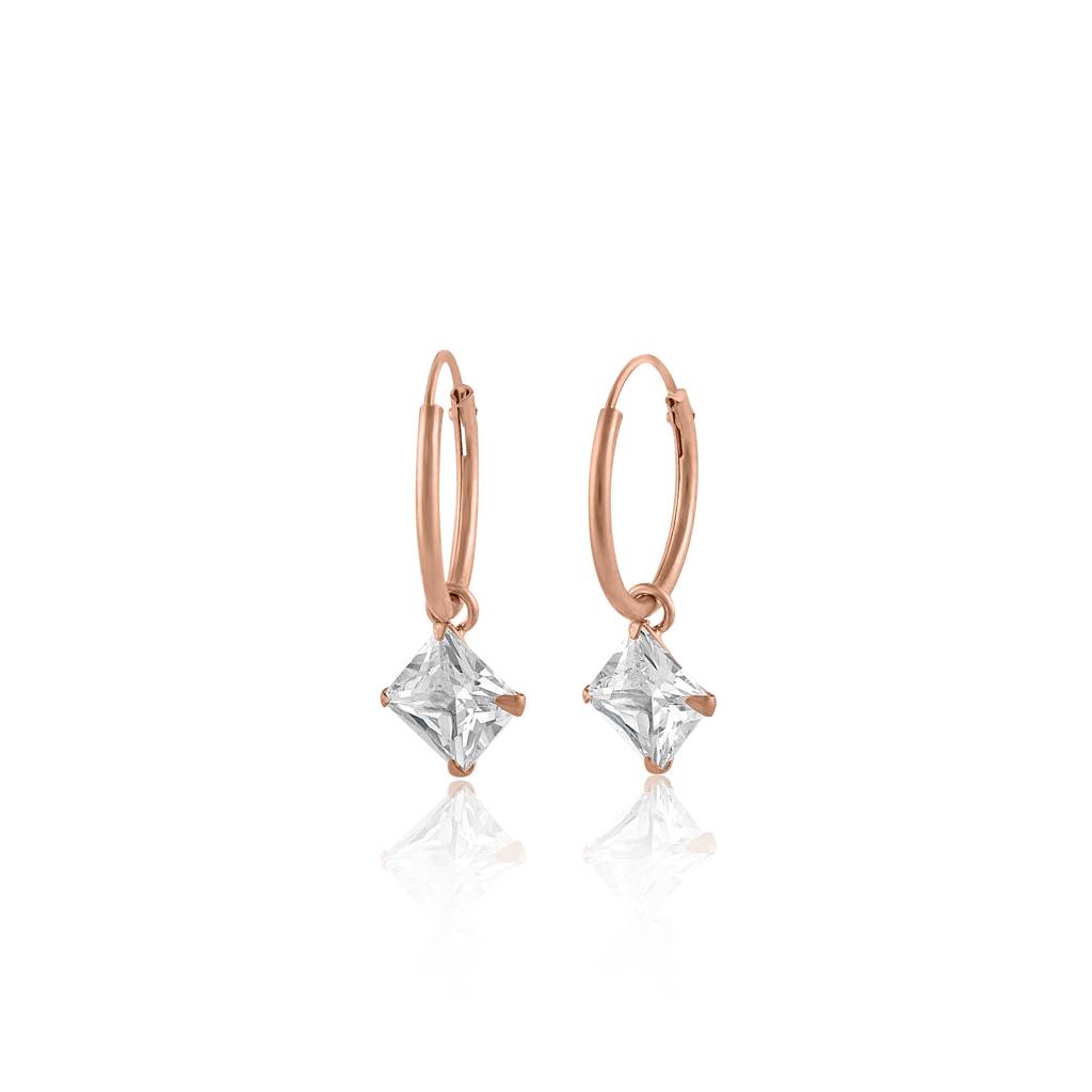 925 Sterling Silver Rose Gold Hoop Earrings With Princess-Cut Cubic Zirconia Drop : RJSPER55