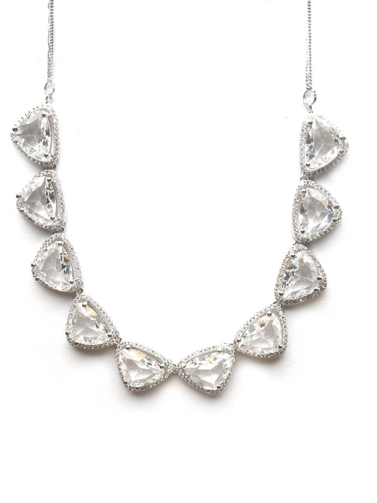 Silver Plated Bold Triangle Necklace Set With Long Earrings : AD124WHITE