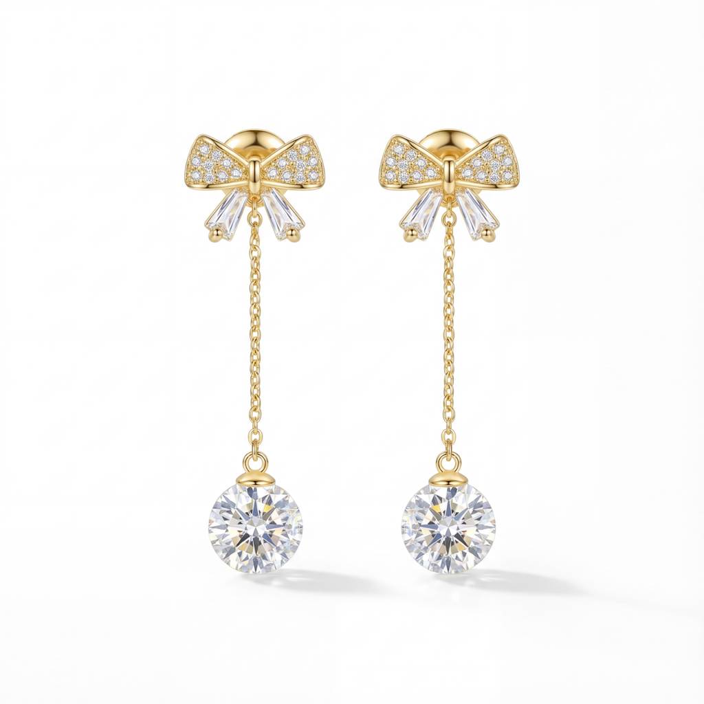 Korean Sparkling Bow & Orb Drop Earrings : YUFSER255